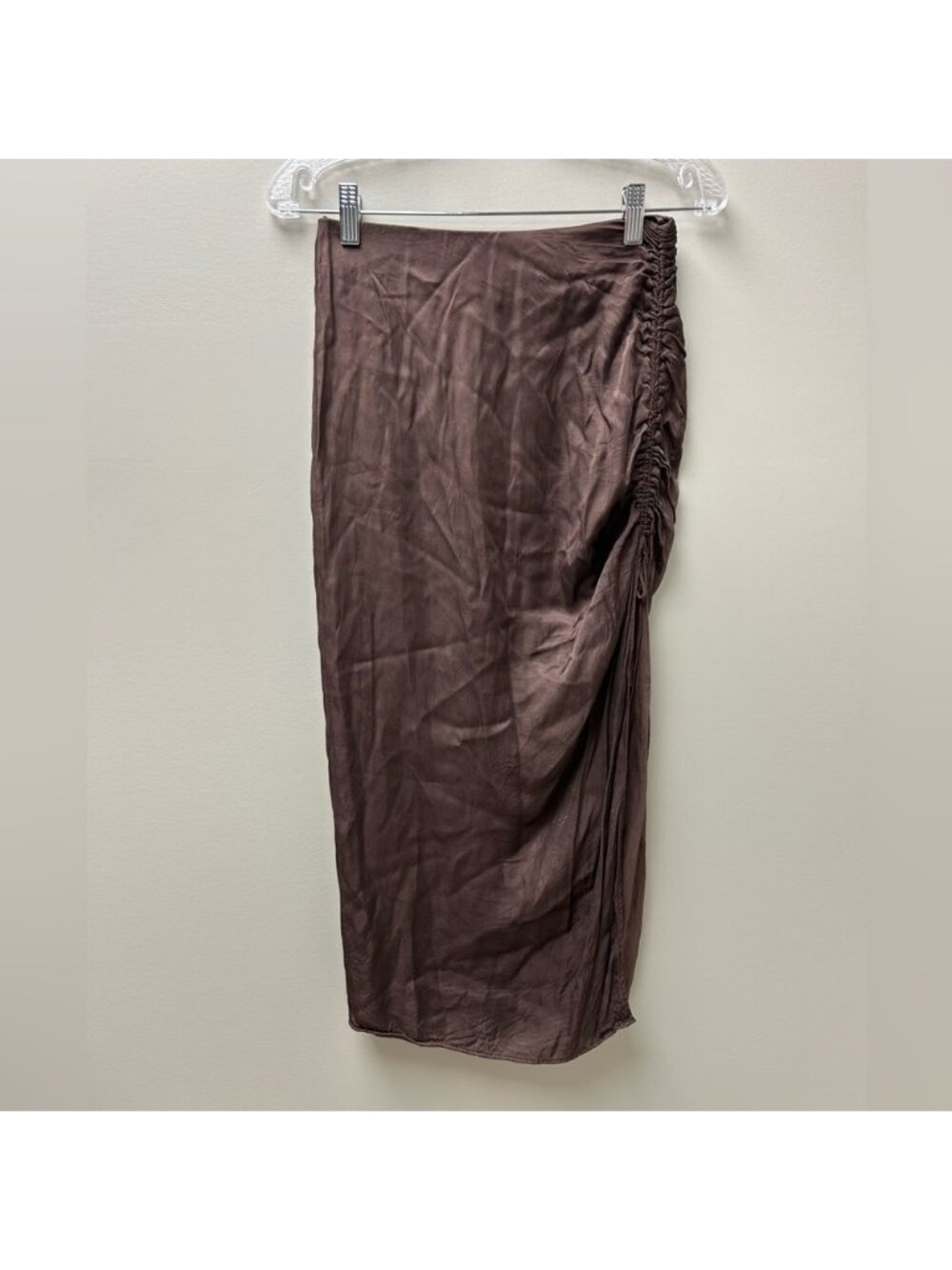 Zara Women’s Brown Ruched Satin Effect Maxi Skirt